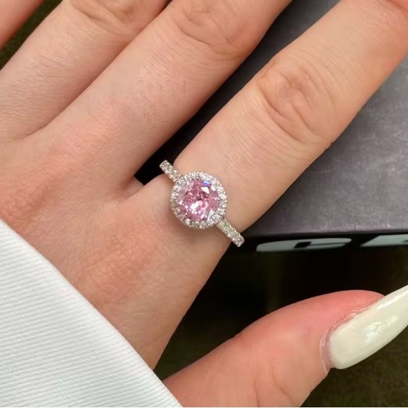 S925 Sterling Silver Round Pink Cubic Zirconia Ring Eternity Baby Pink - Picture 3 of 6